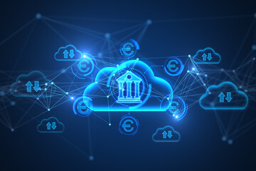 Creative glowing blue cloud computing and online banking hologram with various icons on blurry background. Database, finance, technology and future concept. 3D Rendering.