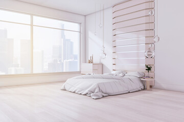 Modern bedroom interior with bright daylight, window with city view, furniture and decorative objects. Style and design concept. 3D Rendering.