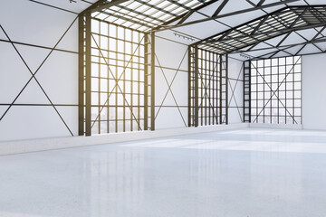 Modern spacious concrete empty hangar interior with city view and window frames. Factory and industrial concept. 3D Rendering.