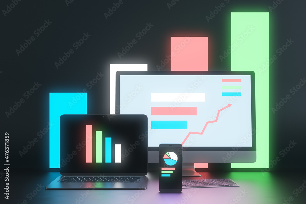 Poster abstract dark neon designer desktop with glowing laptop computer monitors, smartphone screen and bus