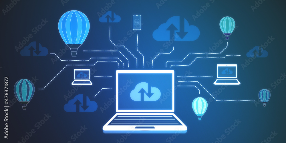 Poster Creative abstract laptop with various icons and digital cloud computing interface on dark background. Database and technology concept. 3D Rendering.