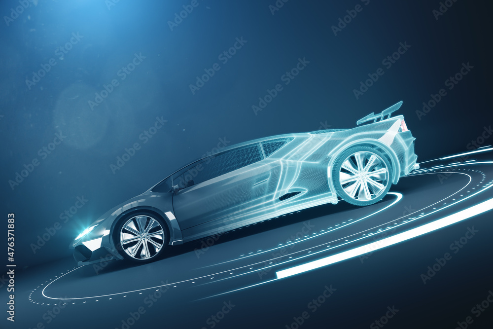 Poster contemporary wireframe sports car on blue background with mock up place on wall. racing and design c