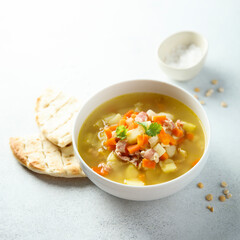 Homemade pea soup with bacon