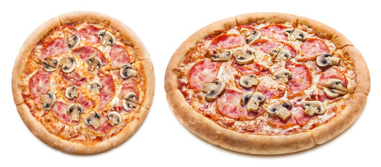 Delicious pizza with mushrooms, mozzarella, tomato sauce and ham, isolated on white background