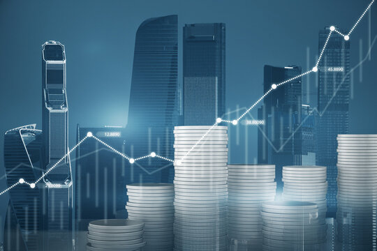 Abstract image of stacked coins and business chart on blurry city backdrop. Finance, economic growth and trade concept. Double exposure.
