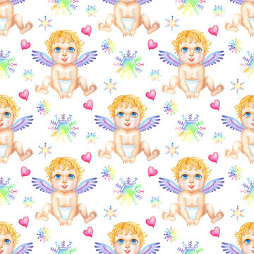 Watercolor painting pattern angel, snowflakes and hearts. Seamless repeating print for Valentine's Day, Wedding, Birthday. Wrapping paper, print, decor. Isolated on white background. Drawn by hand.