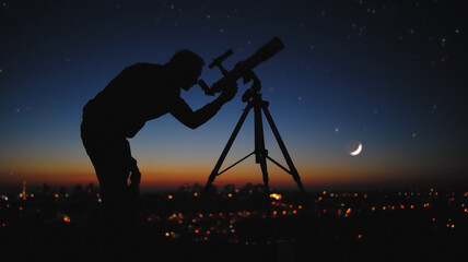 Silhouette of a man, telescope and countryside under the starry skies.