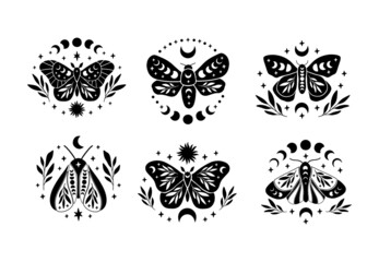 Boho celestial butterfly vector illustration set. Mystical moth with moon phases, sun. Black magic insect on white background. Esoteric symbol. Design for poster, card, t shirt print, sticker. - obrazy, fototapety, plakaty