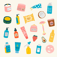 Skincare products illustration. Facial mask, scrub, moisturizer, hand cream, eye patch, serum, toner, lip balm, cleansing foam.