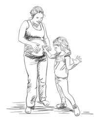 Fototapeta na wymiar pregnant woman daughter touching big belly vector sketch