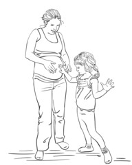 pregnant woman daughter touching big belly vector sketch