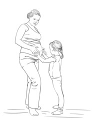 pregnant woman daughter touching big belly vector sketch