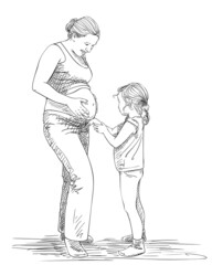 pregnant woman daughter touching big belly vector sketch
