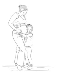 Fototapeta na wymiar pregnant woman daughter touching big belly vector sketch