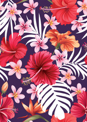 Seamless pattern of hibiscus flower with Plumeria background template. Vector set of floral element for tropical print, wedding invitations, greeting card, brochure, banners and fashion design.