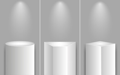 Realistic cubes podium, 3d exhibit displays. Gallery geometric blank product stands. Spotlight illuminates pedestal vector set