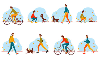Young man doing different outdoor activities: running, cycling, rollerblading, walking with dog, traveling. Active and healthy lifestyle concept. Autumn set.