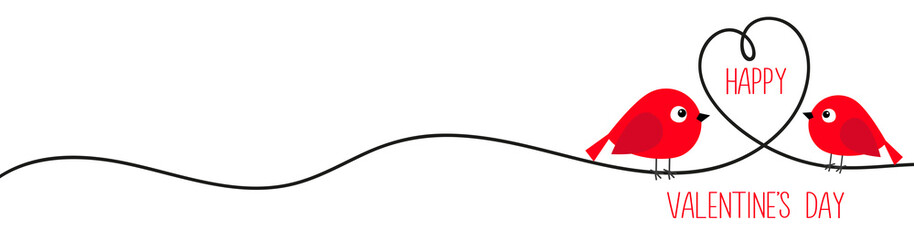 Happy Valentines Day. Red bird and heart. One line hand draw doodle. Continuous line art. Black hearts. Decoration element. Love romantic sign symbol. Falt design. White background. Isolated.