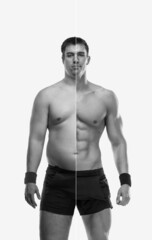 Fototapeta premium Awesome Before and After Weight Loss fitness Transformation. The man was fat but became fit. Fat to athlete.
