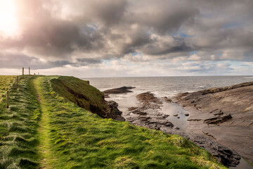 Green grass fields by the ocean and small foot path and rough stone coastline, low cloudy sky. West...