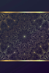 Abstract dark blue background with gold geometric floral pattern. Mandala.