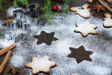 christmas ginger cookies with a traditional set of spices on a dark wooden background