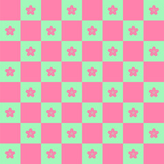 Cute Pink Sakura Flower Element Green Checkered Gingham Pattern. Cartoon Illustration, Mat, Fabric, Textile, Scarf, Wrapping Paper