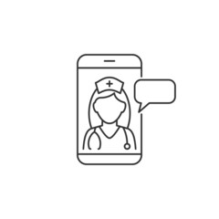 Female doctor consults on a mobile phone line icon. Editable stroke