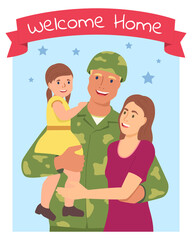 Fototapeta na wymiar Vector drawing. Postcard. A soldier with his family. Design for congratulations.