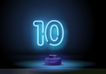 Number 10 Neon Text Vector. Blue Ten neon sign, design template, modern trend design, night neon signboard, night bright advertising, light banner, light art. Vector illustration