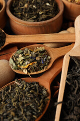 Concept of cooking tea with different types of tea, close up