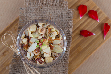 Chia Pudding with nuts and crunch muesli , tasty and healthy dessert 