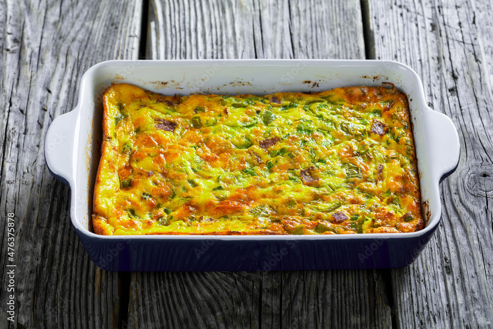 Poster Oven Baked Denver Omelette in a baking dish