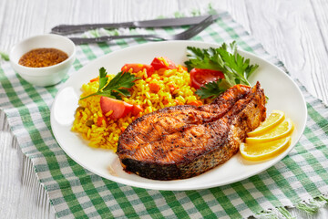 oven baked salmon steak with yellow rice