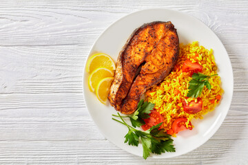 oven baked salmon steak with yellow rice