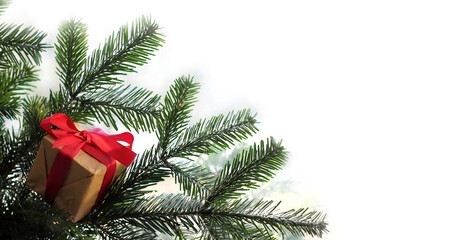 box in craft paper with a red bow in the branches of an evergreen tree. festive Christmas gift
