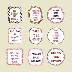 Vector bubble frames with lettering on self care and love. Bright design for web, print, stickers, logo, template, etc. 