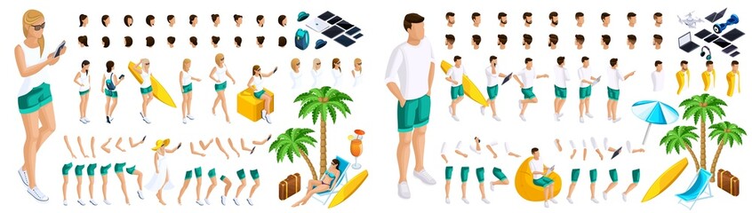 Fototapeta Isometric Set of gestures of hands and feet of girls and guys 3d teenagers, rest, girls and guys on the beach. Create your character for vector illustrations obraz