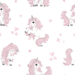 Seamless background cute pink unicorn, in a watercolor style. Vector illustration for children, EPS10. Print for dishes, textiles, clothes, greeting card.