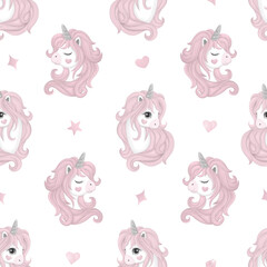 Seamless background cute pink unicorn, in a watercolor style. Vector illustration for children, EPS10. Print for dishes, textiles, clothes, greeting card.
