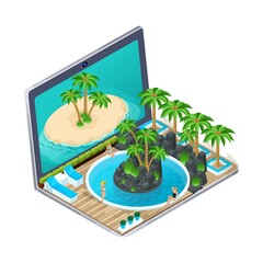 3D isometric. Advertising concept of tours. Online viewing of apartments, choosing a tour via the Internet, vacation for pregnant women. For Vector illustration