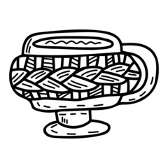 Black and white illustration of a coffee or tea cup in a knitted warmer. Doodle vector design for web and print. 