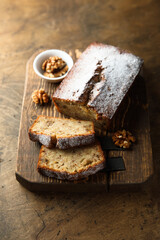 Homemade walnut cake with maple syrup