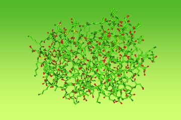 Molecular model of human cathepsin S inhibitor complexes on green background. Rendering based on protein data bank. Scientific background. 3d illustration