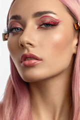 Fototapeta premium Pink hair girl with creative pink make up