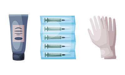 Salve in Tube, Syringe Package and Medical Gloves Vector Set