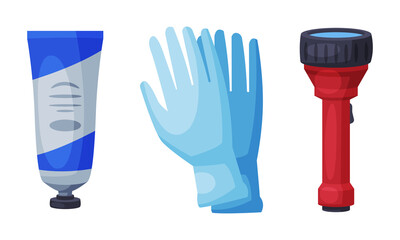 Salve in Tube, Flashlight and Medical Gloves Vector Set