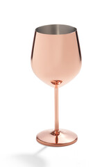 Detailed shot of a metal wine glass with bronze mirror coating. The stainless steel wine glass is isolated on the white background. 