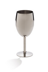 Detailed shot of a metal wine glass with mirror coating. The stainless steel wine glass is isolated on the white background. 