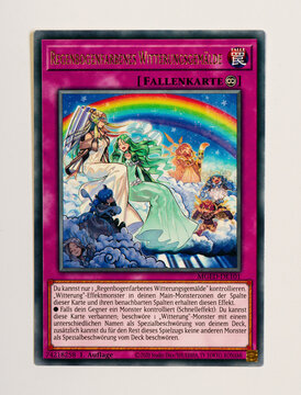 Hamburg, Germany - 12212021: picture of the German Yu Gi Oh rare card The Weather Rainbowed Canvas from the Maximum Gold El Dorado series.